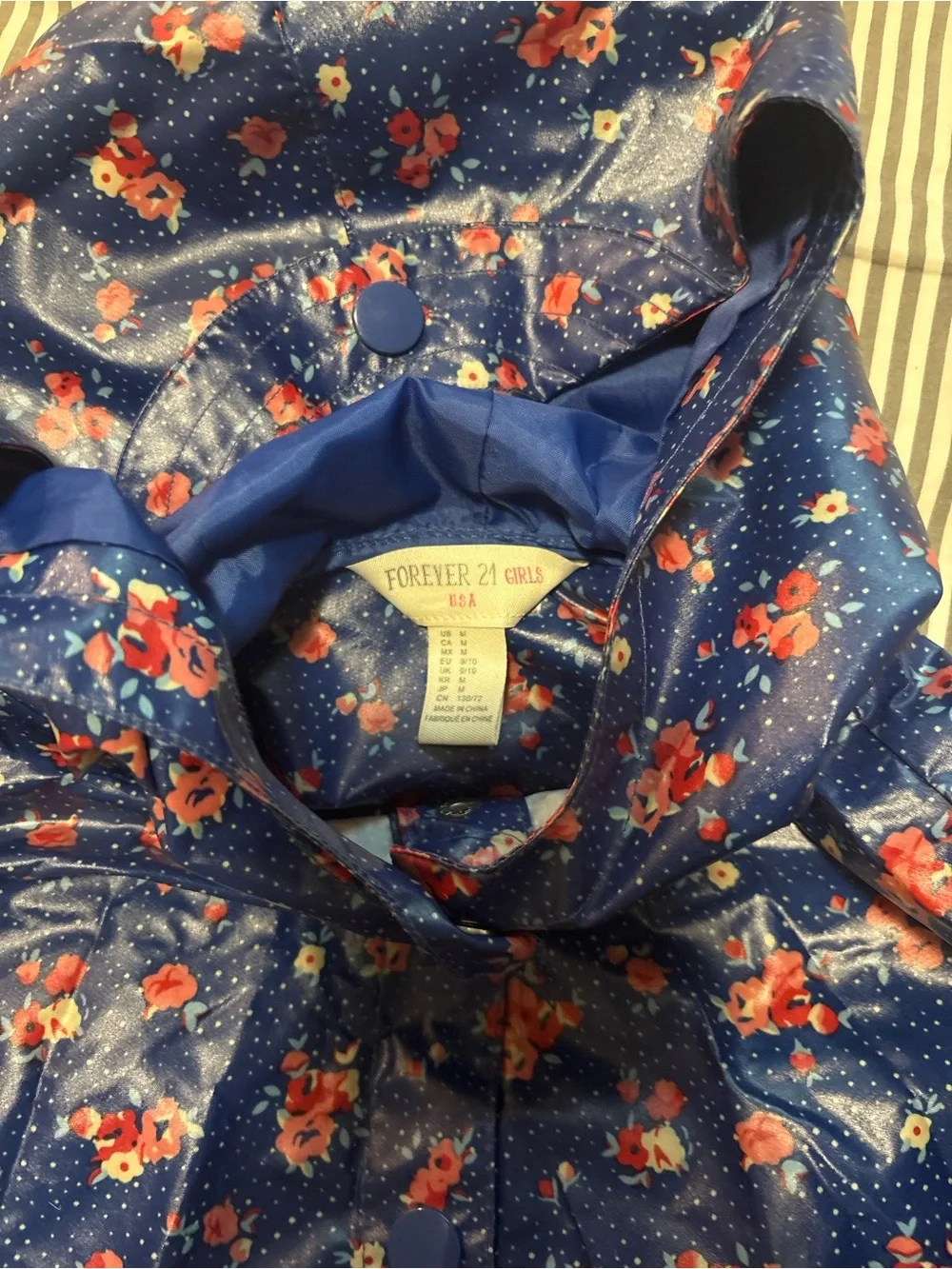Forever 21 Navy Blue Floral Girls' Raincoat with Hood